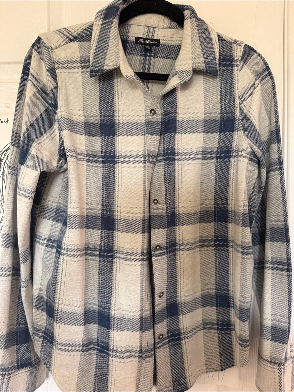 Flag & Anthem Casual Plaid Button-Down Shirt in Blue & Cream size med